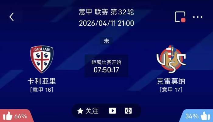 4/11意甲联赛精选二串一推荐【附扫盘】:卡利亚里VS克雷莫纳+都灵VS维罗纳